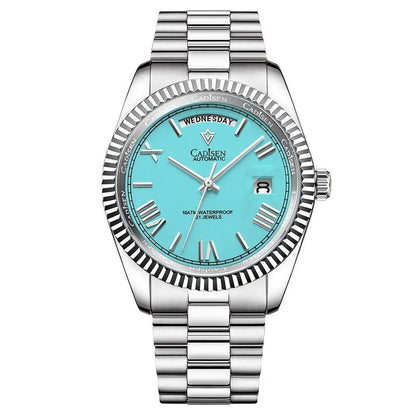 Men’s automatic mechanical watch in silver tone with light blue dial and metal link bracelet