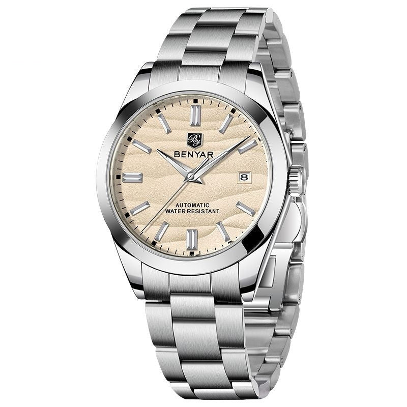 Silver watch with beige dial on a white background