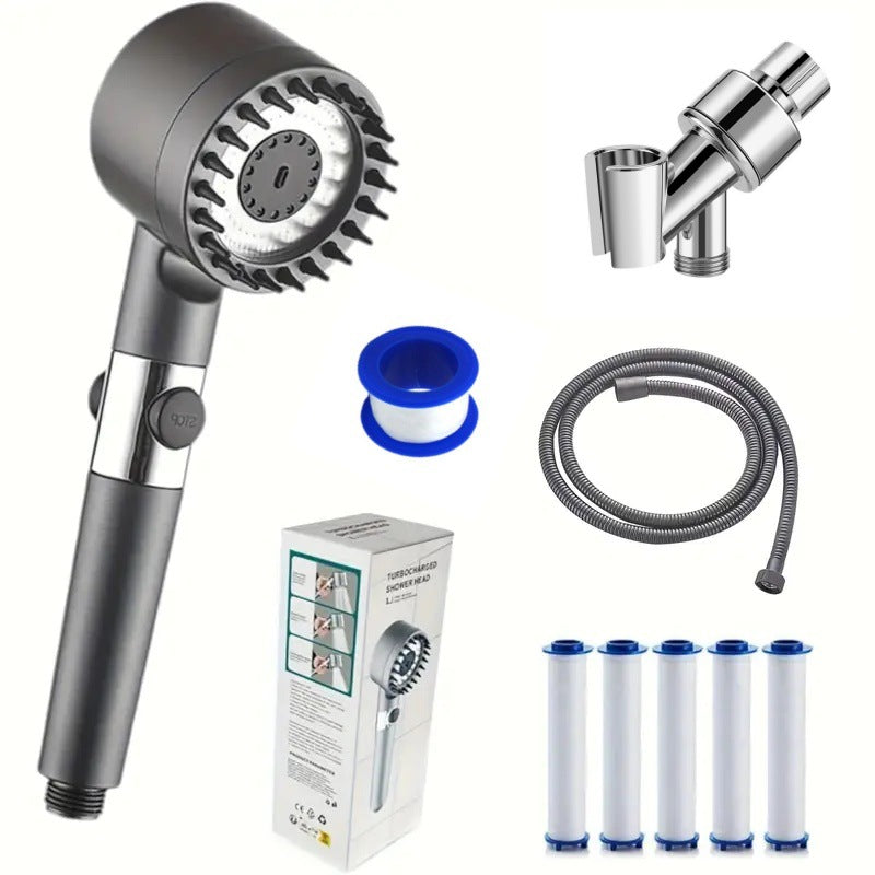 Handheld shower head set with metal hose, filters and blue connector ring