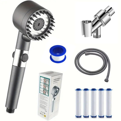 Handheld shower head set with metal hose, filters and blue connector ring