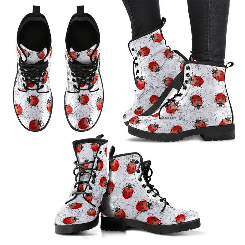 Lace-up combat boots with white ladybug print, black heel tab and rubber sole