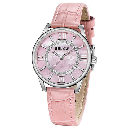 Quartz watch with pink leather strap, silver case, pale pink dial, Roman numerals, BENYAR