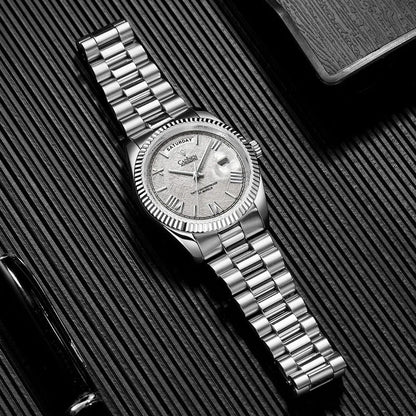 Men’s automatic mechanical watch with silver dial and ridged bezel on metal link bracelet