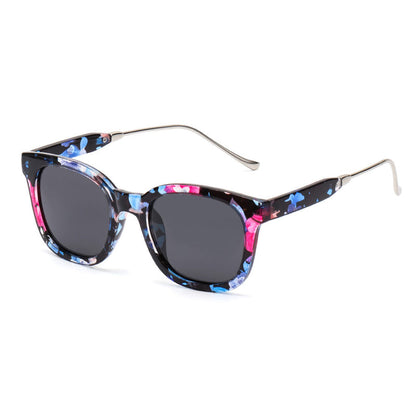 Women’s polarized sunglasses, floral blue-pink frame with dark lenses