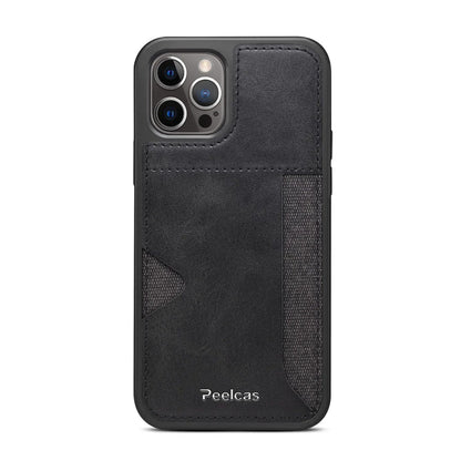 Black leather card phone case with stitched pocket and textured right-side card holder