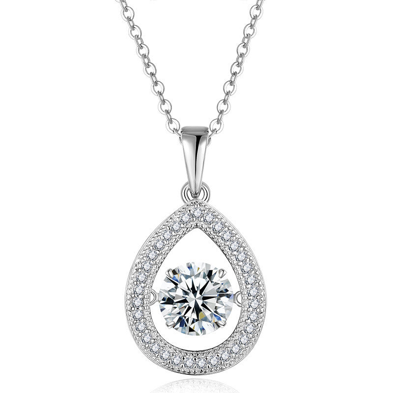 S925 sterling silver teardrop necklace featuring a 1ct D Color VVS1 moissanite center stone with pave halo setting and platinum-plated finish