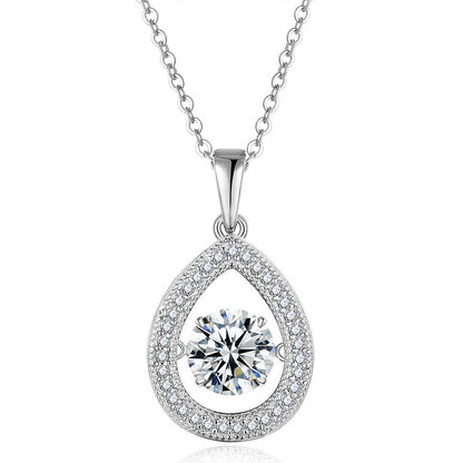 S925 sterling silver teardrop necklace featuring a 1ct D Color VVS1 moissanite center stone with pave halo setting and platinum-plated finish