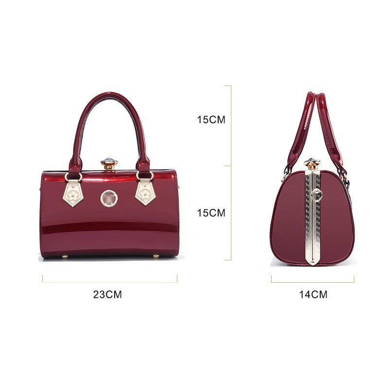 Red handbag with measurements on a white background