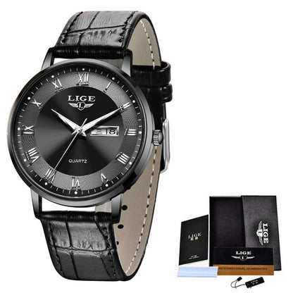 Black wristwatch with leather strap and LIGE branding, including packaging on a white background.
