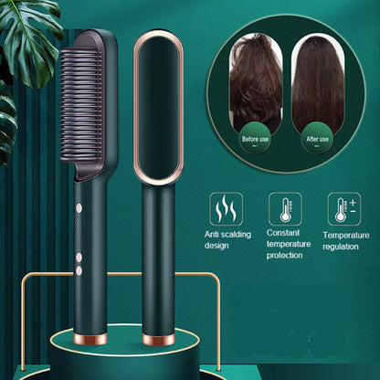 Hair styling tool with bristle brush and handle on a green background