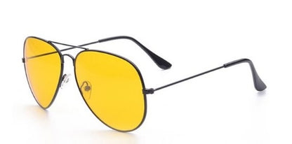 Yellow sunglasses with black frames on a white background