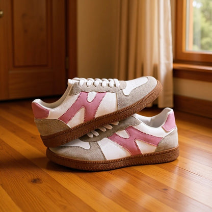 Women's low-top color-block sneakers, white with pink panels and tan gum outsole.