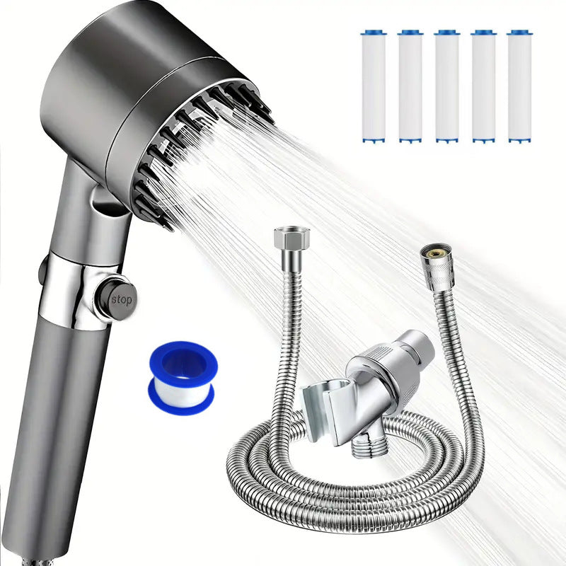 Handheld shower head spraying water with metal hose and connectors