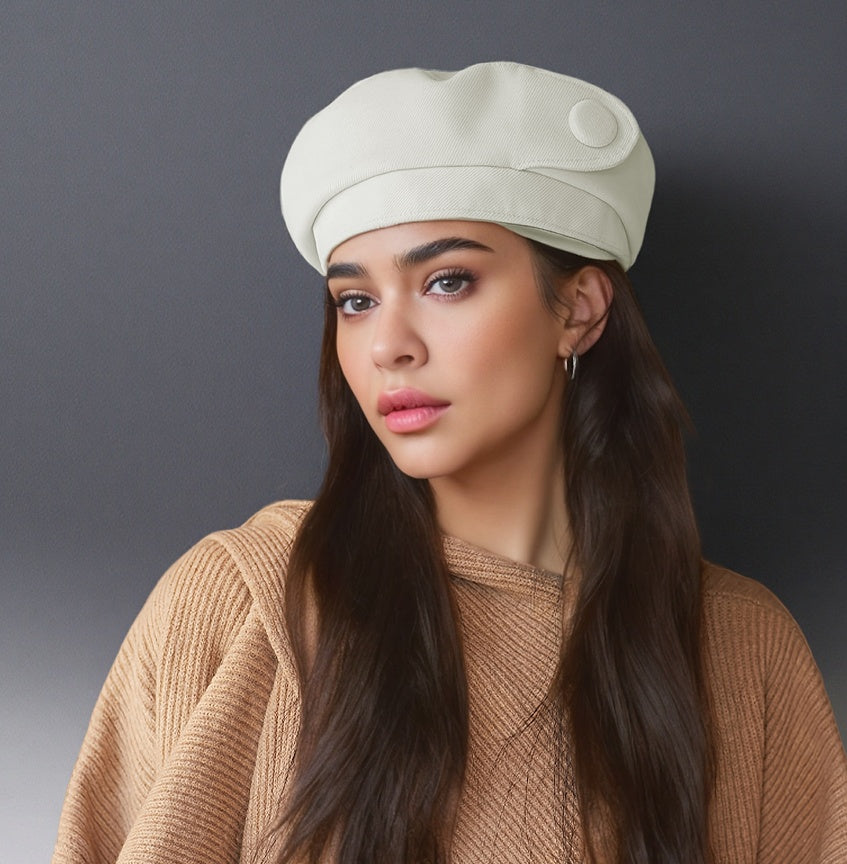 White satin button beret with side button detail, structured rounded crown.