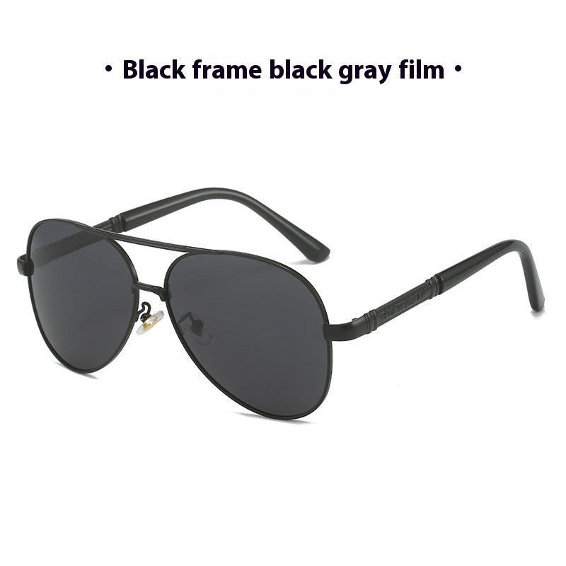 Black frame sunglasses with black gray film lenses on a white background