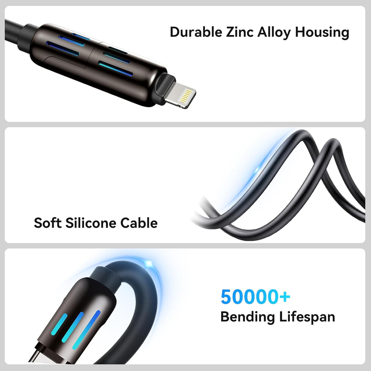 Black charging cable with Lightning plug and soft silicone sheath; blue indicator lines