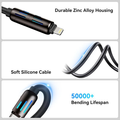 Black charging cable with Lightning plug and soft silicone sheath; blue indicator lines