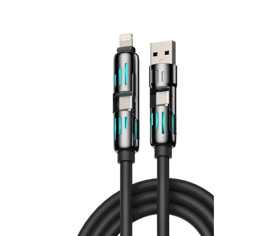 Black charging cable with USB-A plug and Lightning connector, teal indicator strips