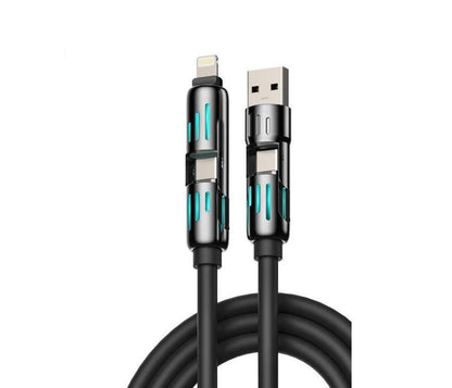 Black charging cable with USB-A plug and Lightning connector, teal indicator strips