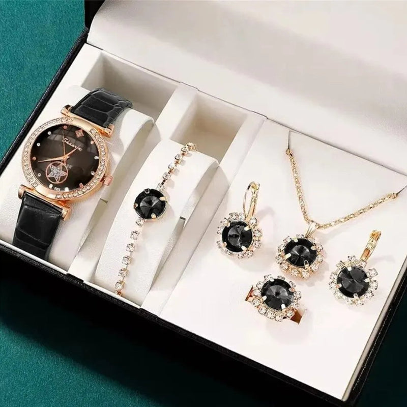 Jewelry set with watch, necklace, and earrings in a box