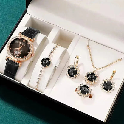 Jewelry set with watch, necklace, and earrings in a box