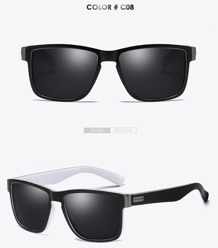 Men's polarized sunglasses with black lenses; white and black frames shown