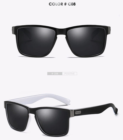 Men's polarized sunglasses with black lenses; white and black frames shown