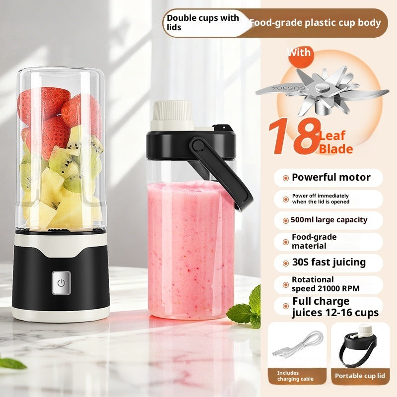 Electric USB juicer cup with double cups, clear lids, black handheld top, and smoothies