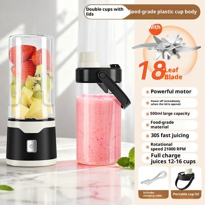 Electric USB juicer cup with double cups, clear lids, black handheld top, and smoothies