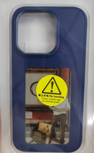 Blue E-ink screen phone case with square display window and warning sticker