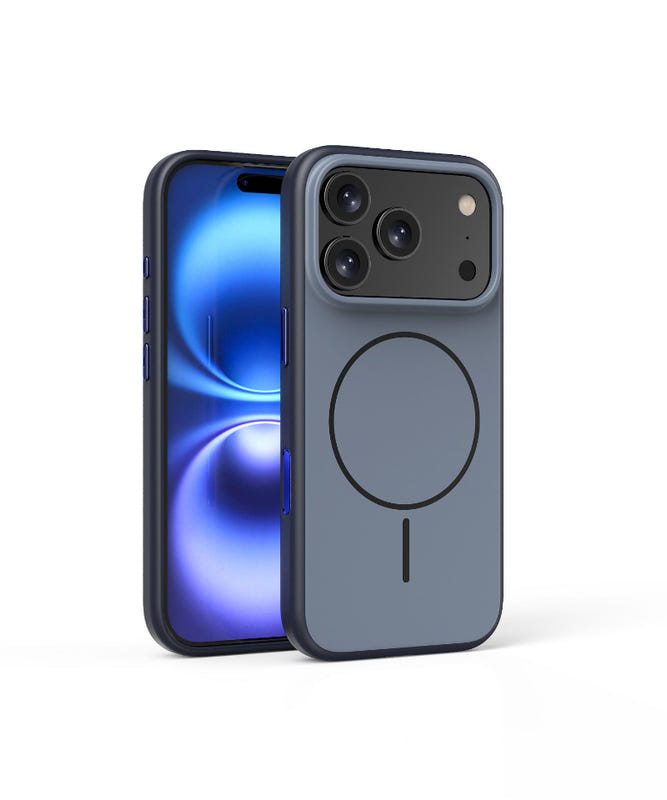 Dark gray phone case with circular button detail and raised camera cover