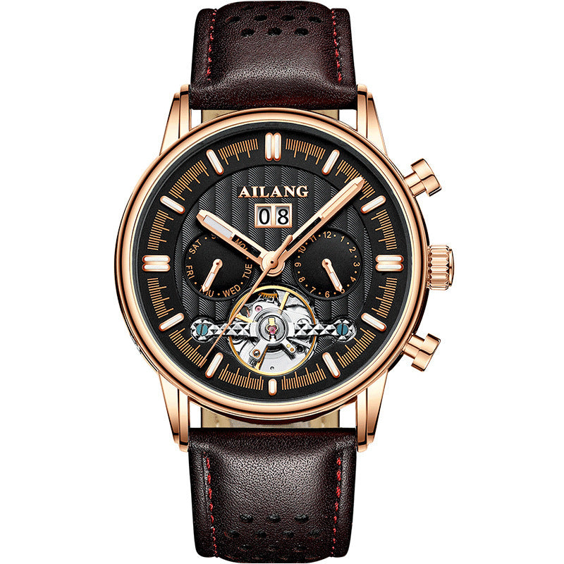 Luxury watch with black leather strap and rose gold case on a white background