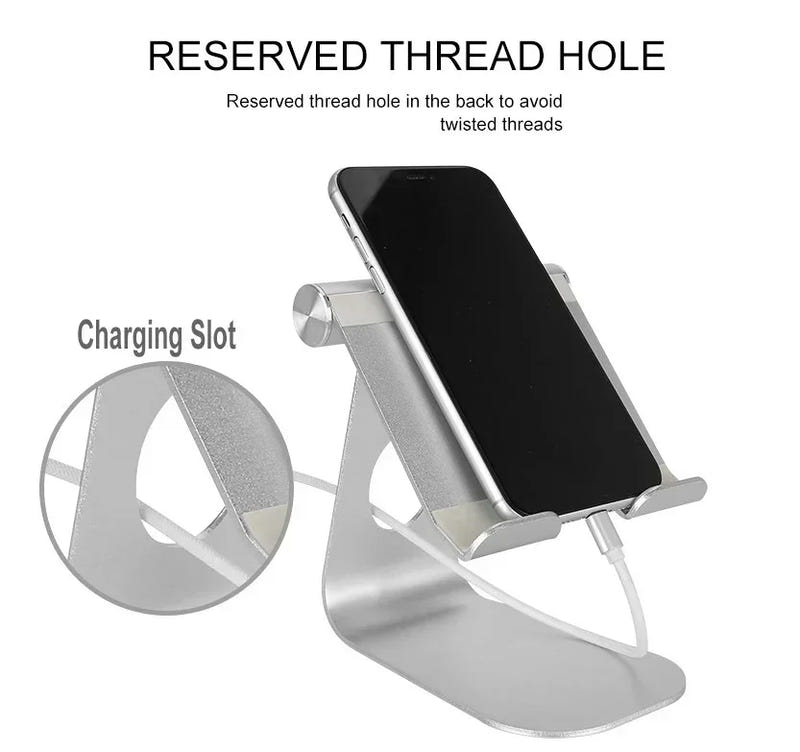 Adjustable stand holder in silver metal, phone cradle with charging slot