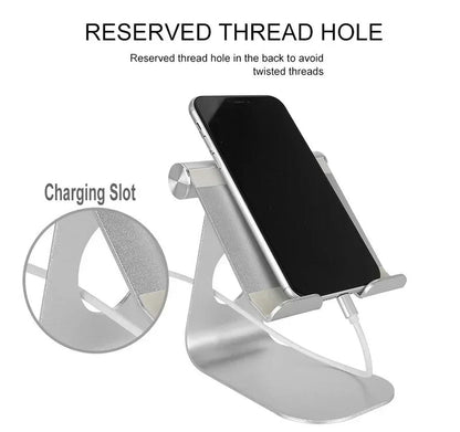Adjustable stand holder in silver metal, phone cradle with charging slot