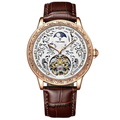 Luxury watch with brown leather strap and intricate design on white background