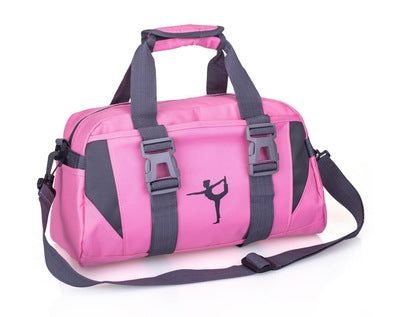 Yoga gym bag in bright pink with gray strap handles and side pocket