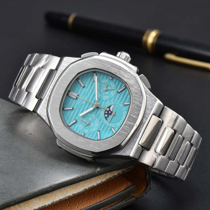 Men's stainless steel bracelet watch with turquoise dial and silver-tone case