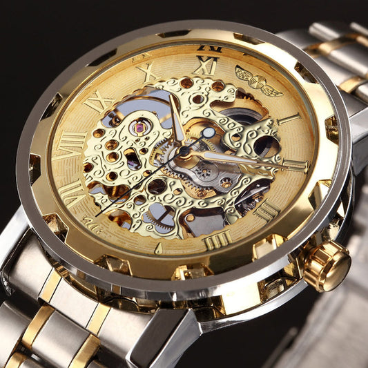Two-tone luxury mechanical skeleton watch with gold Roman numerals and open-work dial