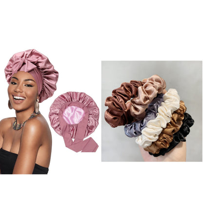 Dusty pink satin bonnet cap with gathered double-layer ribbon detail for hair styling