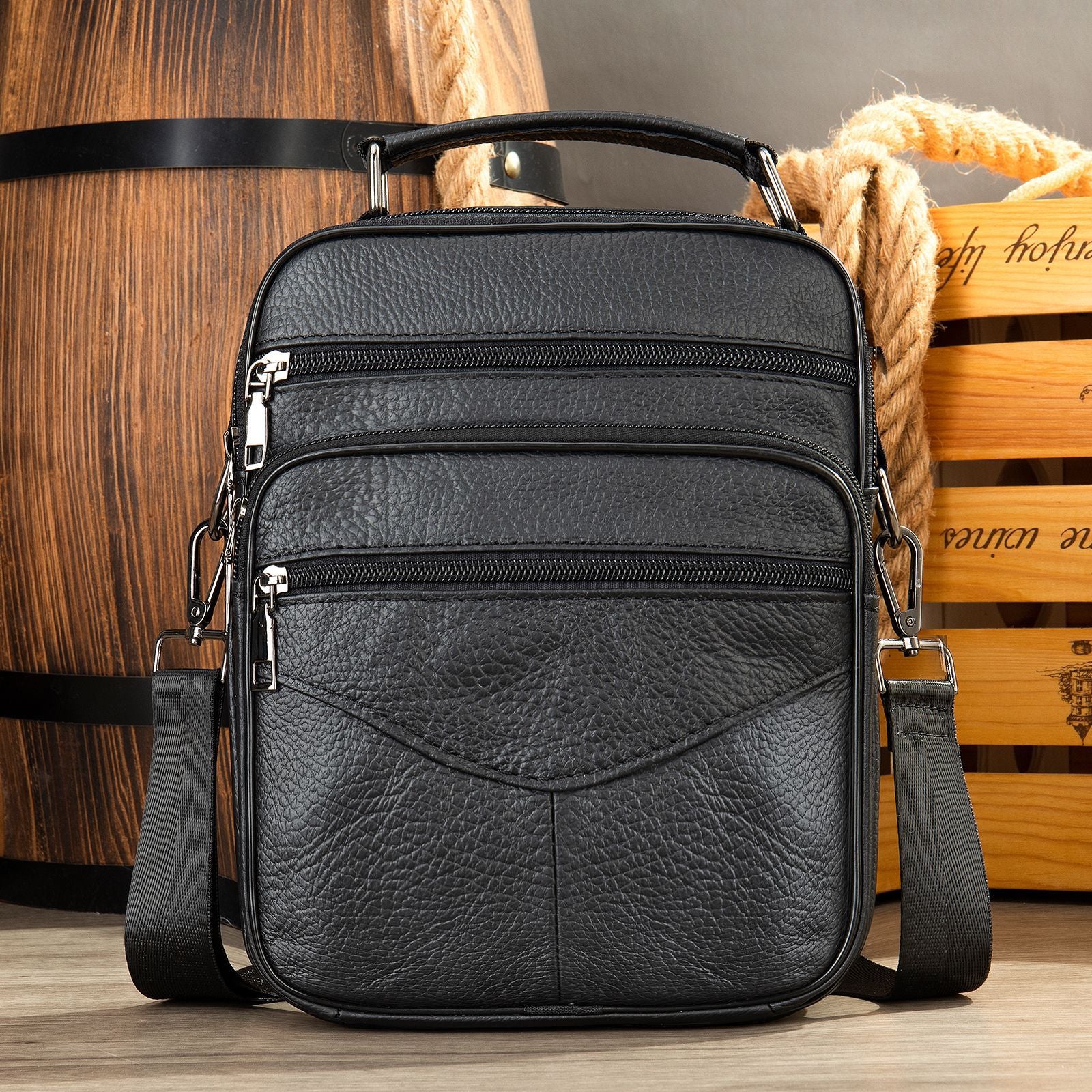 Men's genuine leather crossbody bag, black textured leather with double front zip pockets
