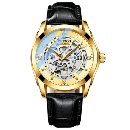 Gold mechanical watch on black leather strap, openworked skeleton dial view.