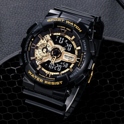 Black and gold sports watch with digital and analog display on a textured black background