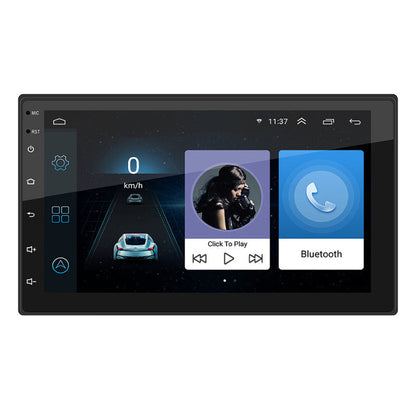 7-inch Android car stereo touchscreen showing navigation, media, and Bluetooth icons