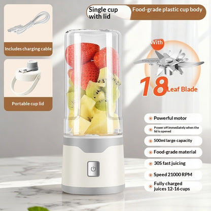 Single-cup USB electric juicer cup, white base, 18-leaf blade, with lid