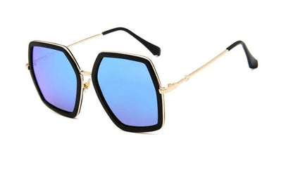 Oversized square fashion sunglasses with blue lenses and dark frame with gold bridge.