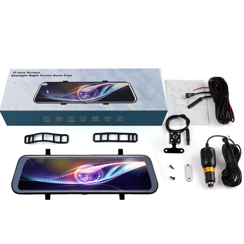 Car dashboard camera kit with screen, cables, and accessories on a white background