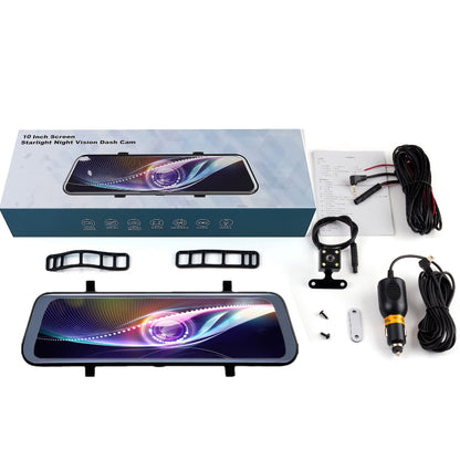 Car dashboard camera kit with screen, cables, and accessories on a white background
