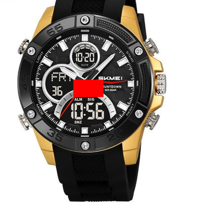 Wristwatch with black and gold design on a white background