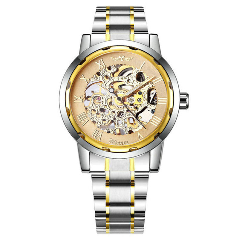 Silver and gold watch with a white background