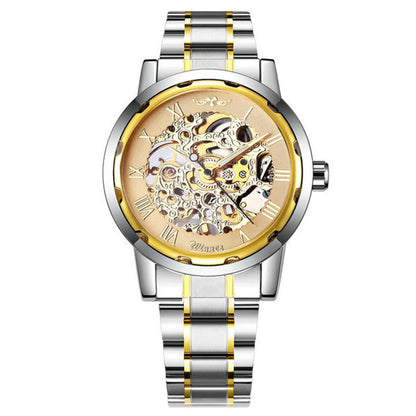 Silver and gold watch with a white background